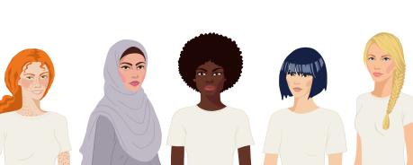Sieben weiblich gelesene Personen mit unterschiedlichen Haut- und Haarfarben sind abgebildet.