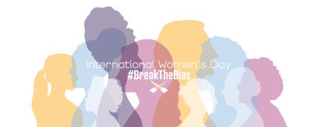 Break The Bias Das Bild zeigt bunte Silhouten von verschiedenen Frauen und Menschen, darüber steht "International Women's Day #BreakTheBias